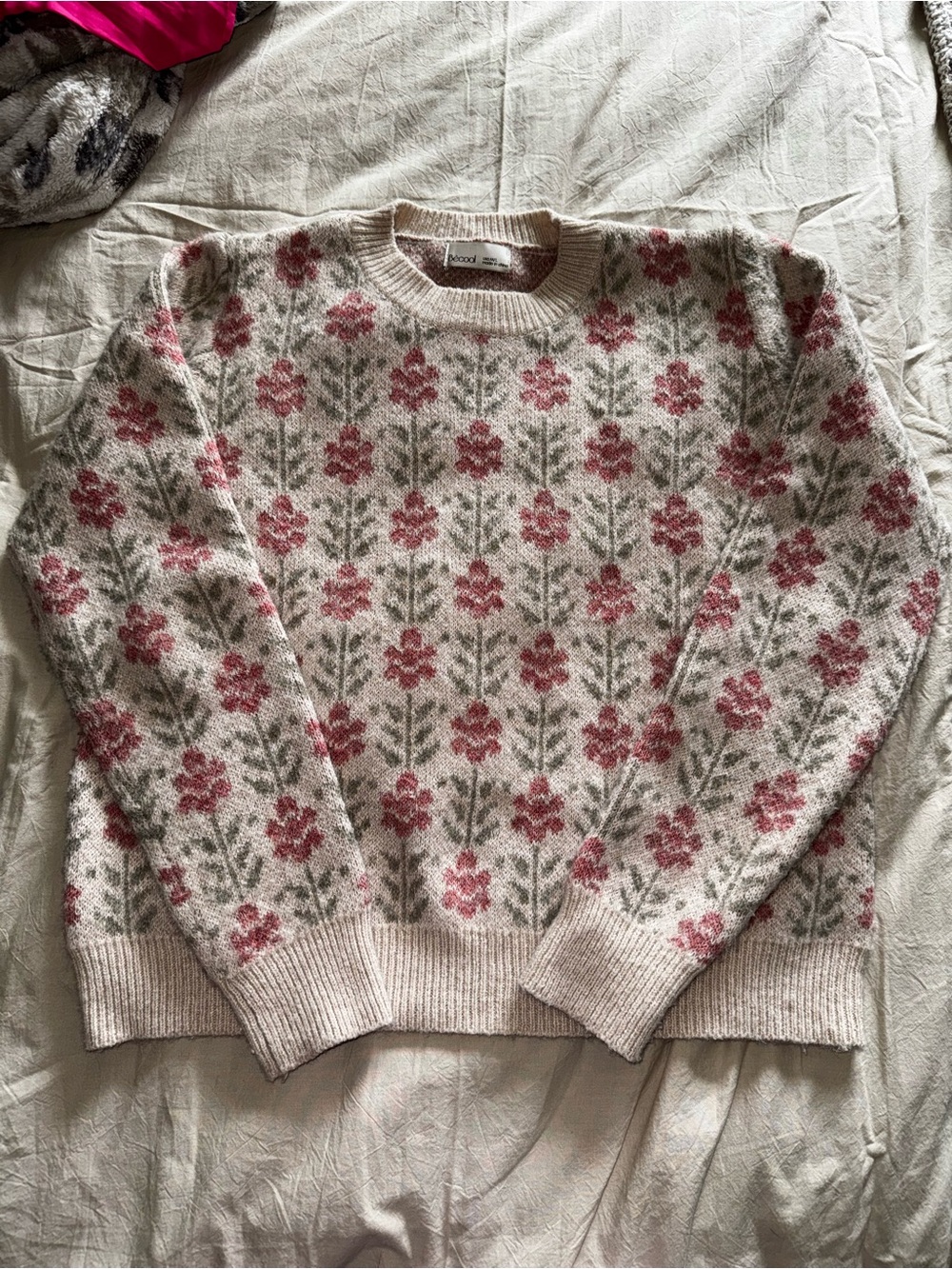 & Other Stories Cream Crewneck Sweater with Pink Floral Jacquard